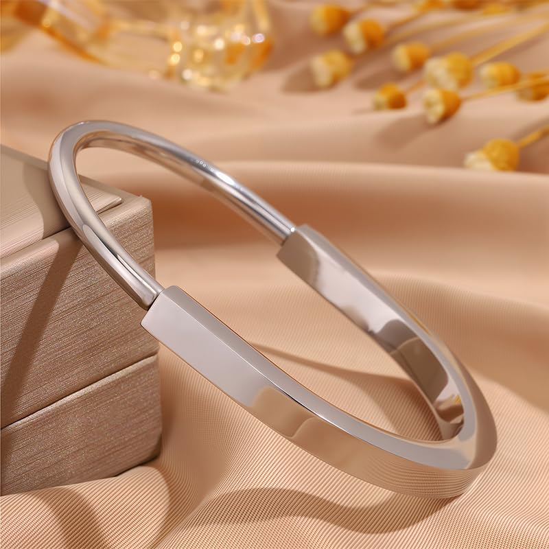 Silver Lock Bracelet for Women, Stainless Steel Open Cuff Bangle, Sleek Minimalist Hardware Jewelry