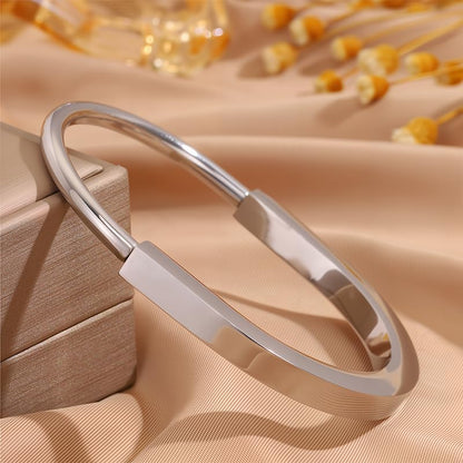 Silver Lock Bracelet for Women, Stainless Steel Open Cuff Bangle, Sleek Minimalist Hardware Jewelry
