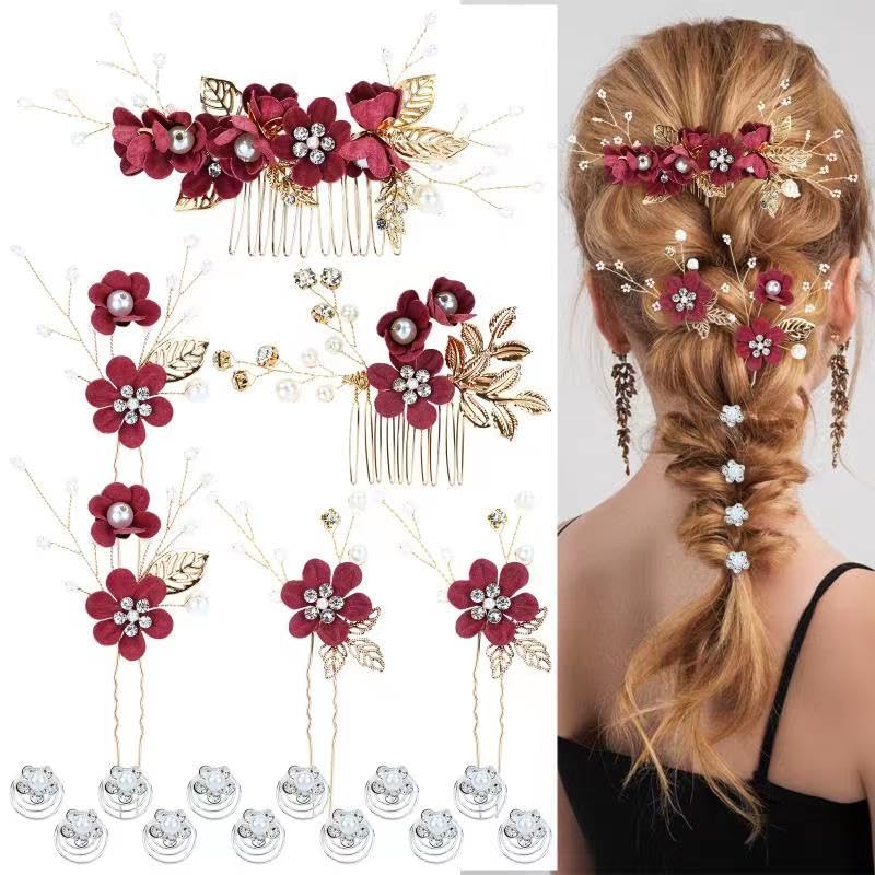 Cinaci 18 Pieces Bridal Wedding Party Prom Pearl Rhinestone Burgundy Flower Hair Side Combs Slides+U-shaped Flower Hair Pins+Twist Spiral Hairpins Floral Headpieces for Brides Bridesmaids Women Girls - color: Burgundy