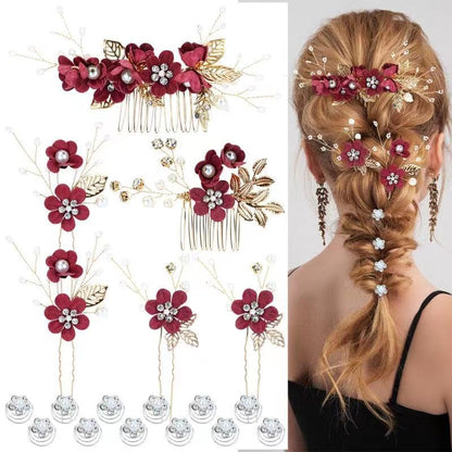 Cinaci 18 Pieces Bridal Wedding Party Prom Pearl Rhinestone Burgundy Flower Hair Side Combs Slides+U-shaped Flower Hair Pins+Twist Spiral Hairpins Floral Headpieces for Brides Bridesmaids Women Girls - color: Burgundy