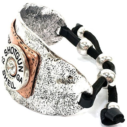 Western Peak Hammered Plate Hide Your Crazy Act Like a Lady 12 Gauge Shotgun Shell Leather Cuff Bracelet Necklace - color: Silver