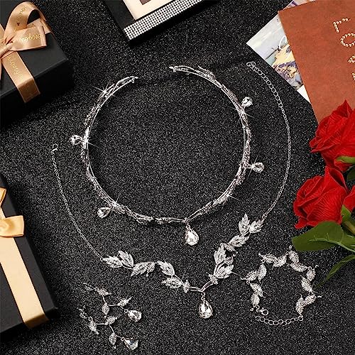 Wedding Jewelry Set for Women, Rhinestone Leaf Tiara Headband Crown Necklace Earrings Bracelet for Women - color: Silver
