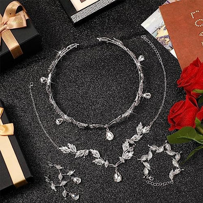 Wedding Jewelry Set for Women, Rhinestone Leaf Tiara Headband Crown Necklace Earrings Bracelet for Women - color: Silver