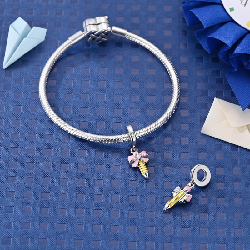 925 Sterling Silver Charms for Bracelets and Necklaces Beads Jewelry Charms for Women - color: Pink Bow Pencil Charm