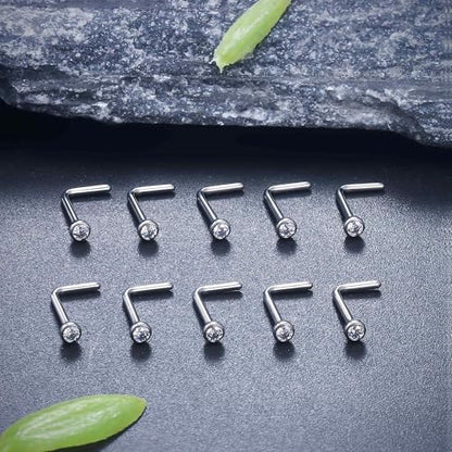 ASTM F136 Titanium Nose Rings 18G 20G 22G Jeweled Clear Cubic Zirconia Nose Studs Ring Screw L-Shaped Bone Hypoallergenic Body Piercing Jewelry for Women 1.5mm 2mm 2.5mm 3mm 10PCS - style: L-Shaped:20G(0.8mm)-2mm CZ