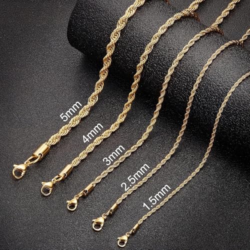 24K Gold Plated Rope Chain Stainless Steel Twist Chain Necklace Men Women - color: 24K Gold-Plated, size: 18 Inches