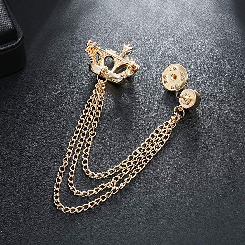 Rhinestone Crown Long Chain Brooch.Gold Silver Tassel Brooch Pin,Retro Crystal Suit Pins Collar Coat Pin for Men's Accessories Pin Husband Gifts - color: Gold