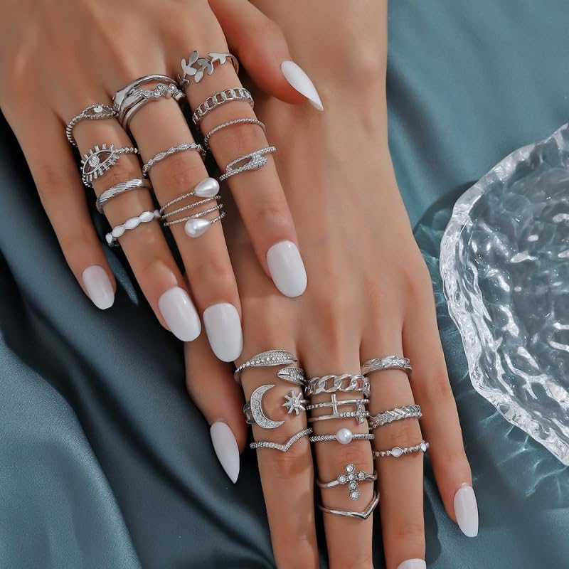 Chunky Gold Rings for Women Gold Baroque Pearl Rings Open Adjustable Pearl Ring Stacking Knuckles Rings Set Boho Prom Costume Fashion Jewelry for Women 2026 - style: Silver Moon