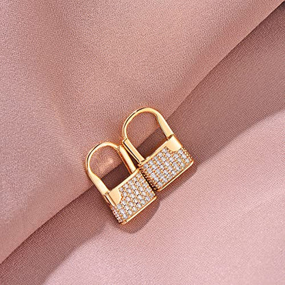 Huggie Hoop Earrings 14K Gold Plated Cubic Zirconia Dainty Simple Cute Beads Elegant CZ Circle Small Hoop Earring for Women Minimalist Handmade Hypoallergenic Jewelry - color: CZ-Lock B