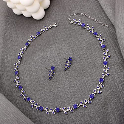 Austrian Crystal Rhinestone Choker Necklace Dangle Earring Link Bracelet Jewelry Set for Brides Bridesmaid Prom Costume Accessories for Women - color: En001-Deep Blue-Platinum Plated