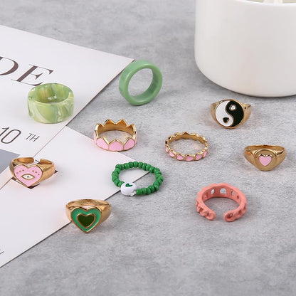 Gold Stackable Ring Sets Yin Yang Patterns Adjustable Alloy Finger Rings for Punk Boho & Daily Wedding Jewelry - color: Multicolor2
