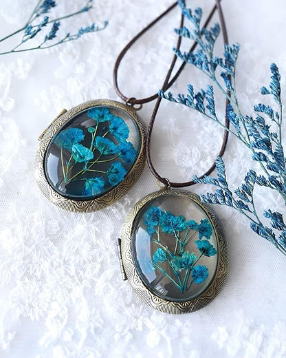 Handmade Oval Shaped Photo Locket with dried Pressed Flowers Locket pendant Necklace - style: Blue Baby's Breath