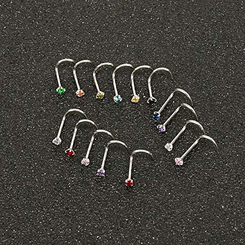 ZS 6-14PCS 20g Tiny Nose Stud Ring Piercing Surgical Steel Nose Bone/L Shaped/Nose Screws Rings Set - color: C:14pcs Nose Screws Style(Mixed Color)