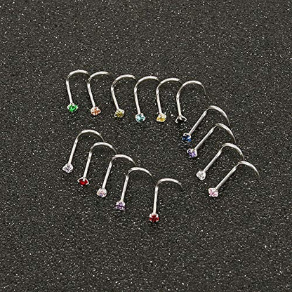 ZS 6-14PCS 20g Tiny Nose Stud Ring Piercing Surgical Steel Nose Bone/L Shaped/Nose Screws Rings Set - color: C:14pcs Nose Screws Style(Mixed Color)