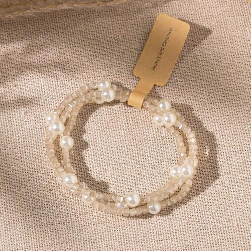 Boho Crystal Glass Beaded Stretch Bracelet Set, Stackable Multilayer with Faux Pearl, Handmade Friendship Jewelry for Women - color: Khaki