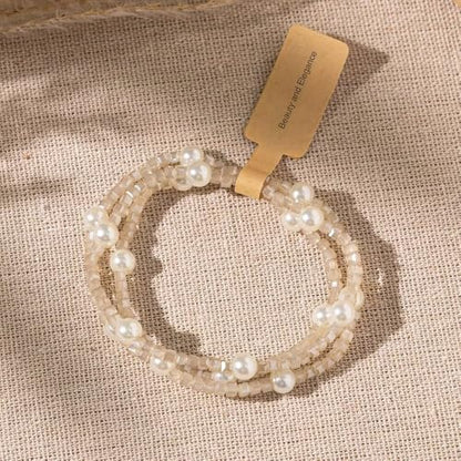 Boho Crystal Glass Beaded Stretch Bracelet Set, Stackable Multilayer with Faux Pearl, Handmade Friendship Jewelry for Women - color: Khaki