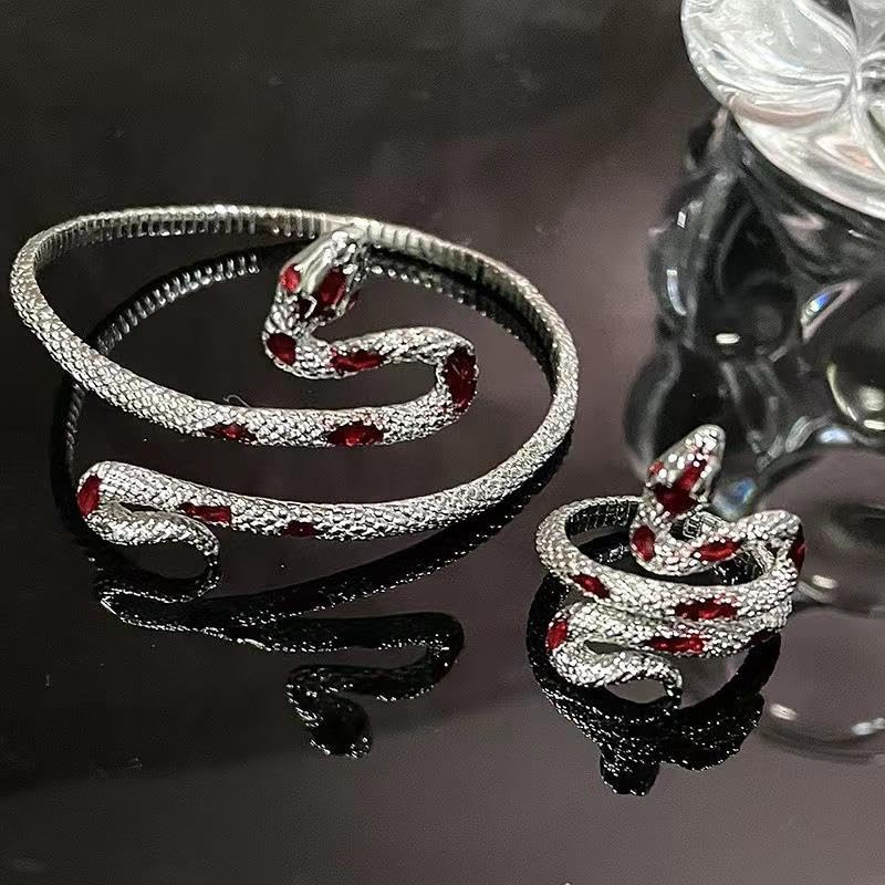 Gold/Silver Snakes Jewelry for Women Goth Snake Bracelet Ring Set Open Adjustable Snake Ring Halloween Prom Jewelry Costume Accessories Emo Accessories - color: Silver2
