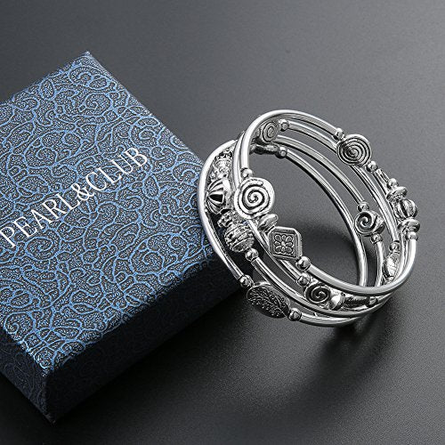 Beaded Pearl Bangle Wrap Bracelet - Fashion Bohemian Jewelry Multilayer Charm Bracelet with Thick Silver Metal Beads, Gift For Women - color: Metal