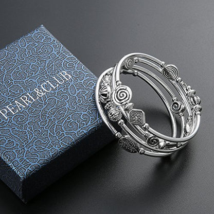 Beaded Pearl Bangle Wrap Bracelet - Fashion Bohemian Jewelry Multilayer Charm Bracelet with Thick Silver Metal Beads, Gift For Women - color: Metal