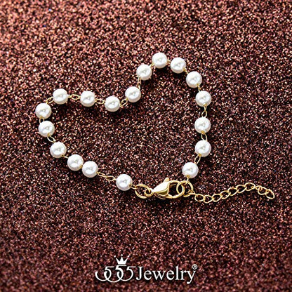 555Jewelry Extendable Pearls Beaded Charm Bracelet for Women & Ladies 7.5 Inch - color: Gold