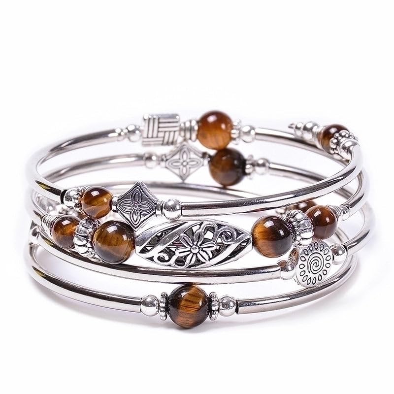 Boho Wrap Beaded Bracelet for Women – Handmade Natural Stone Jewelry – Stainless Steel Adjustable Ethnic Chic Gift - color: Tiger Eye