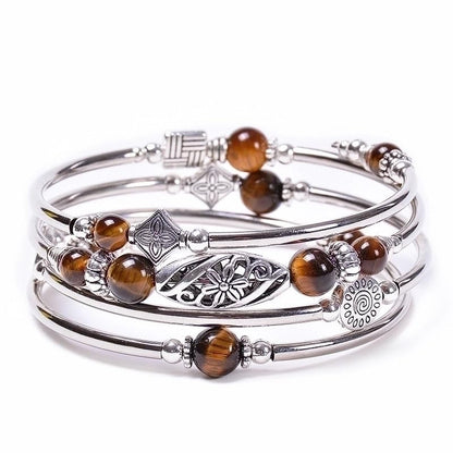 Boho Wrap Beaded Bracelet for Women – Handmade Natural Stone Jewelry – Stainless Steel Adjustable Ethnic Chic Gift - color: Tiger Eye