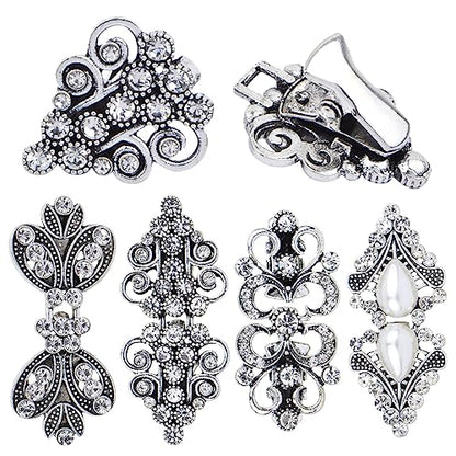 4pcs Antique Silver Rhinestone Sweater Swirl Clips Vintage Flower Cape Cloak Clips Cardigan Shawl Collar Clasp Dress Shirt Brooch Clips for Women
