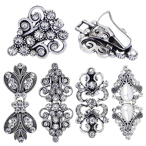 4pcs Antique Silver Rhinestone Sweater Swirl Clips Vintage Flower Cape Cloak Clips Cardigan Shawl Collar Clasp Dress Shirt Brooch Clips for Women