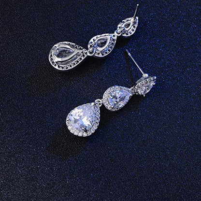 Women's Cubic Zirconia Bridal Earrings - Elegant Long Wedding Party Prom Earring for Bride Bridesmaids Crystal CZ Rhinestone Chandelier Statement Dangle Drop Earrings for Women - color: Silver
