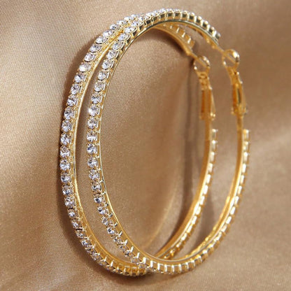 Oversized Silver Rhinestone Hoop Earrings for Women Large Sparkle Crystal Circle Dangle Statement Fashion Jewelry Accessory Party Night Gift