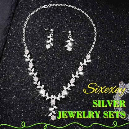 Sixexey Silver Rhinestone Jewelry Set Bridal Necklace Earrings for Women | Sparkly Prom Wedding Jewelry Accessories for Women