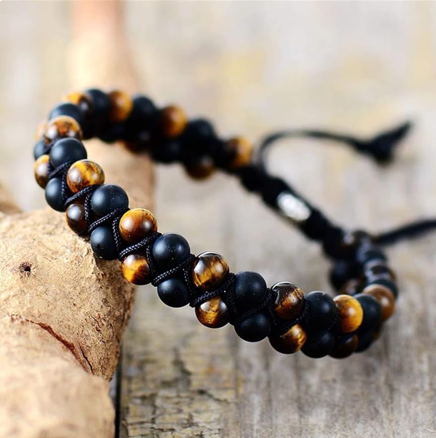 WFJ Black Obsidian Hematite Triple Protection Bracelets Set - Tiger Eye Beaded Natural Stone Bracelet for Men Women Gemstone (10MM) - color: Adjustable Double Set of 2