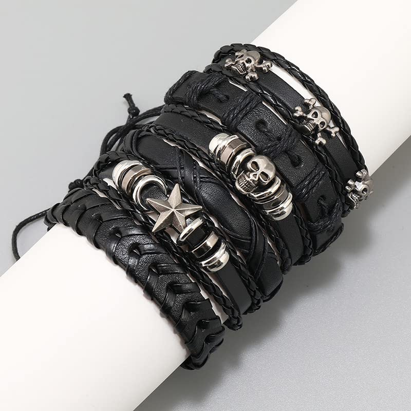 Leather Cuff Bracelet for Men Women, Multilayer Braided Wristband, Adjustable 6.5-9.5 Inches Wrap Bracelets Punk Gothic Grunge - color: Skull Star - 6Pcs