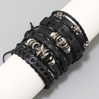 Leather Cuff Bracelet for Men Women, Multilayer Braided Wristband, Adjustable 6.5-9.5 Inches Wrap Bracelets Punk Gothic Grunge - color: Skull Star - 6Pcs
