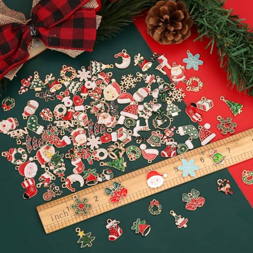 Acejoz 100Pcs 50 Pairs Christmas Charms for Jewelry Making and Bracelets, Gold Enamel Jewelry Pendants for Xmas Earring Bracelet Necklace Craft Making - style: Christmas Charms
