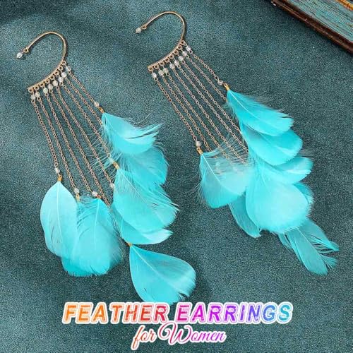 Catery Feather Earrings Long Tassel Boho Earrings Dangling Fringe Prom Jewelry for Women - color: Lake Blue