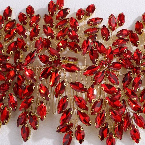 Bridal Rhinestone Hair Comb Large Rhienstone Wedding Headpiece Handmade Crystal Hair Comb for Bride Wedding Hair Accessories for Women (red) - color: red