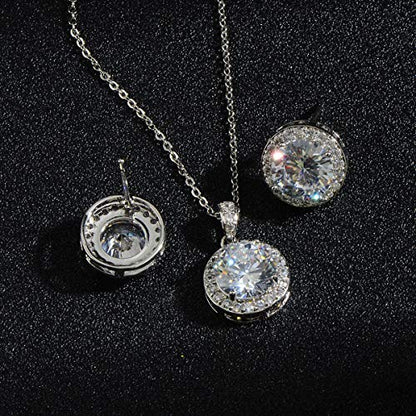 Bridal Crystal Jewelry Set - Sterling Silver Round Cubic Zirconia CZ Rhinestone Halo Birthstone Pendant Necklace Stud Earrings Set for Wedding Bride Bridesmaids Birthday Gift - color: White Gold