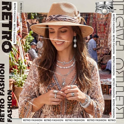 Ecally Bohemian Western Jewelry Turquoise Set Women Country Pendant Long Choker Layered Bracelets Earrings Ring for Women - color: White, style: Boho