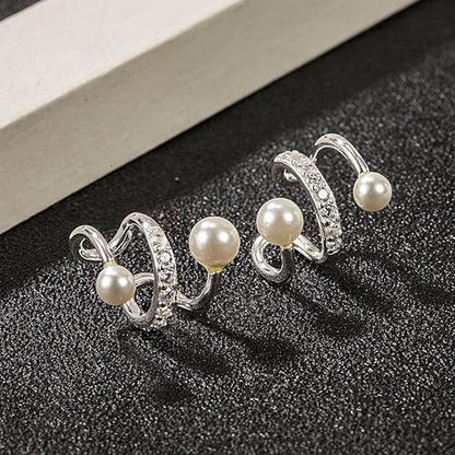 S925 Sterling Silver Pearl Ear Cuff Earrings for Women Mom Dainty 14K Gold Plated Pearl Wrap Earring Ear Cuff Non Piercing Clip-On Cartilage Earring Mothers Day Birthday Wedding Jewelry Gifts - color: Silver