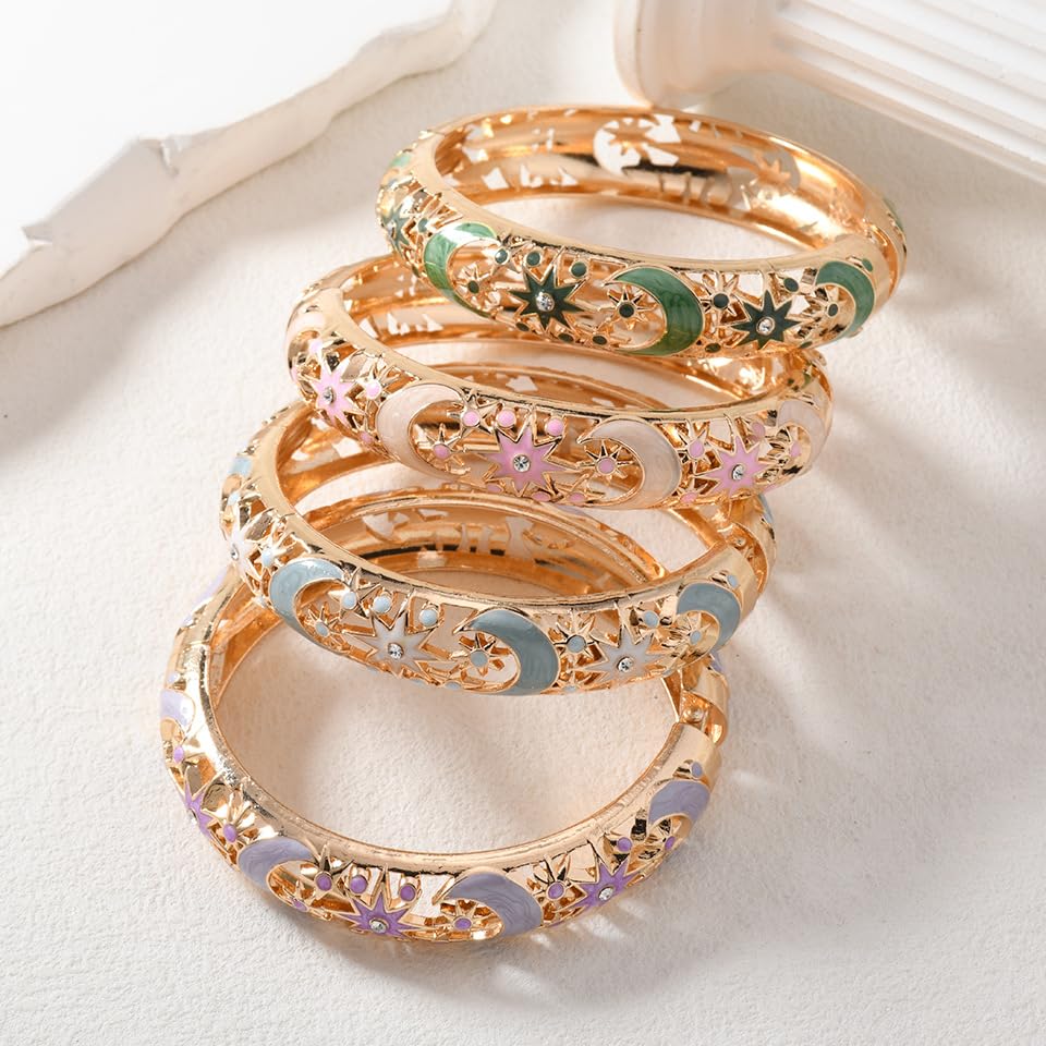 Cloisonne Bracelet For Women, Chunky Bangle Trendy Cute Flower Enamel Bangles Multi Tone Engraved Cuff Gold Plated Bracelets Stackable Wife Jewelry Friendship Gift - color: Hollow Star Sun Moon Pink