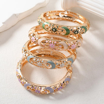 Cloisonne Bracelet For Women, Chunky Bangle Trendy Cute Flower Enamel Bangles Multi Tone Engraved Cuff Gold Plated Bracelets Stackable Wife Jewelry Friendship Gift - color: Hollow Star Sun Moon Pink