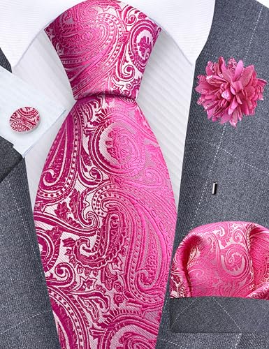 GUSLESON 3.15"（8cm） Mens Tie and Lapel Pin Paisley Necktie Hankerchief Cufflinks Set for Men - color: Hot Pink