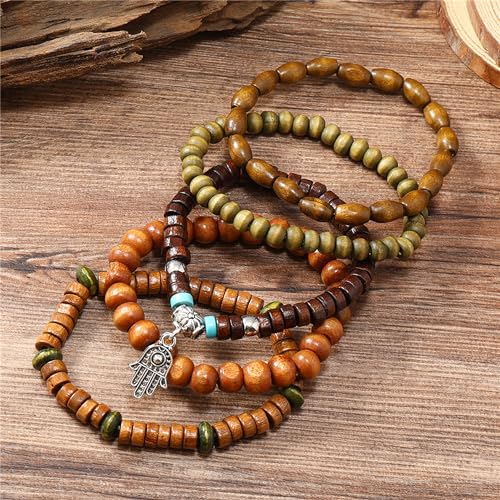 Wooden Beads Stretch Bracelet Multi-Layered Stretch Bracelet for Women Men Elastic Bracelet 5pcs - color: A-06