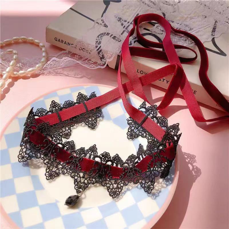 Gothic Lace Choker Necklace for Women Vintage Y2K Black Red Velvet Ribbon Tie Back Chokers Vampire Cosplay Jewelry Accessories (Red)