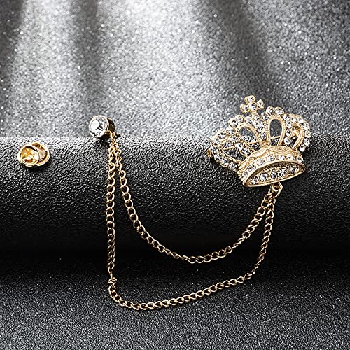 Rhinestone Crown Long Chain Brooch.Gold Silver Tassel Brooch Pin,Retro Crystal Suit Pins Collar Coat Pin for Men's Accessories Pin Husband Gifts - color: Gold 2
