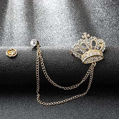 Rhinestone Crown Long Chain Brooch.Gold Silver Tassel Brooch Pin,Retro Crystal Suit Pins Collar Coat Pin for Men's Accessories Pin Husband Gifts - color: Gold 2