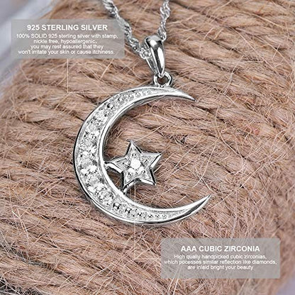 Sterling Silver Crescent Moon Star Necklace Cubic Zirconia Jewelry for Teen & Women Ladies Dainty 18" Chain - color: Crescent Moon