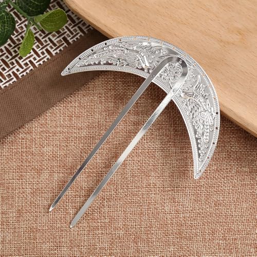 2 Pcs Moon Shaped Metal Hair Forks Chinese Style U Shaped Hair Stick Pin Hair Clip Chignon Buns Pin Wood Hair Accessories for Women Girls, Silver
