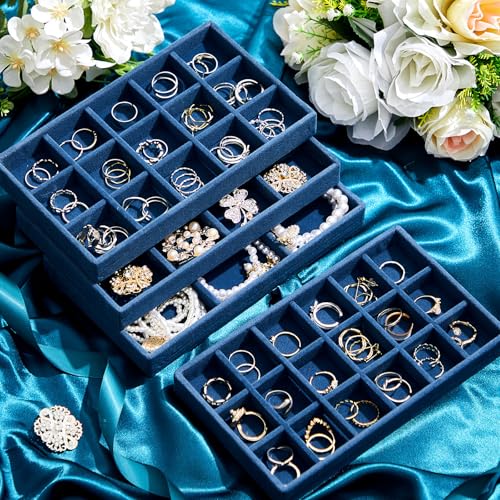 12 Pcs Jewelry Tray Velvet Stackable Jewelry Organizer Trays Divided Earring Accessories Storage Containers Box (Rose Red) - color: Peacock Blue
